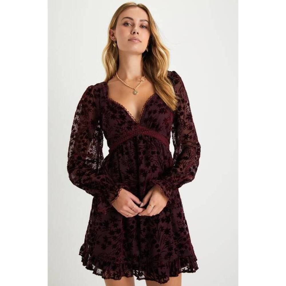 Lulus Burgundy Burnout Velvet Babydoll Mini Dress Red - Picture 1 of 3